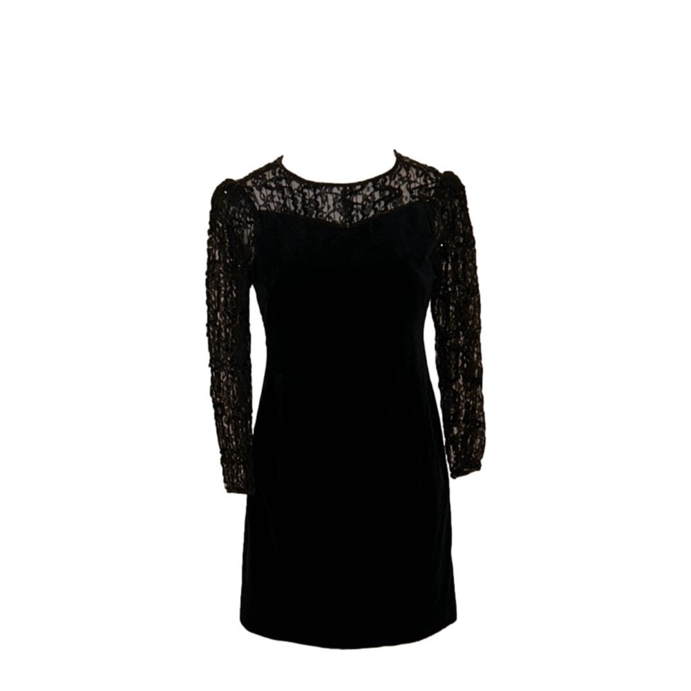 FINK MODELL Vintage Black Velvet & Lace w/ Sequins Short Cocktail Dress Size 6-8